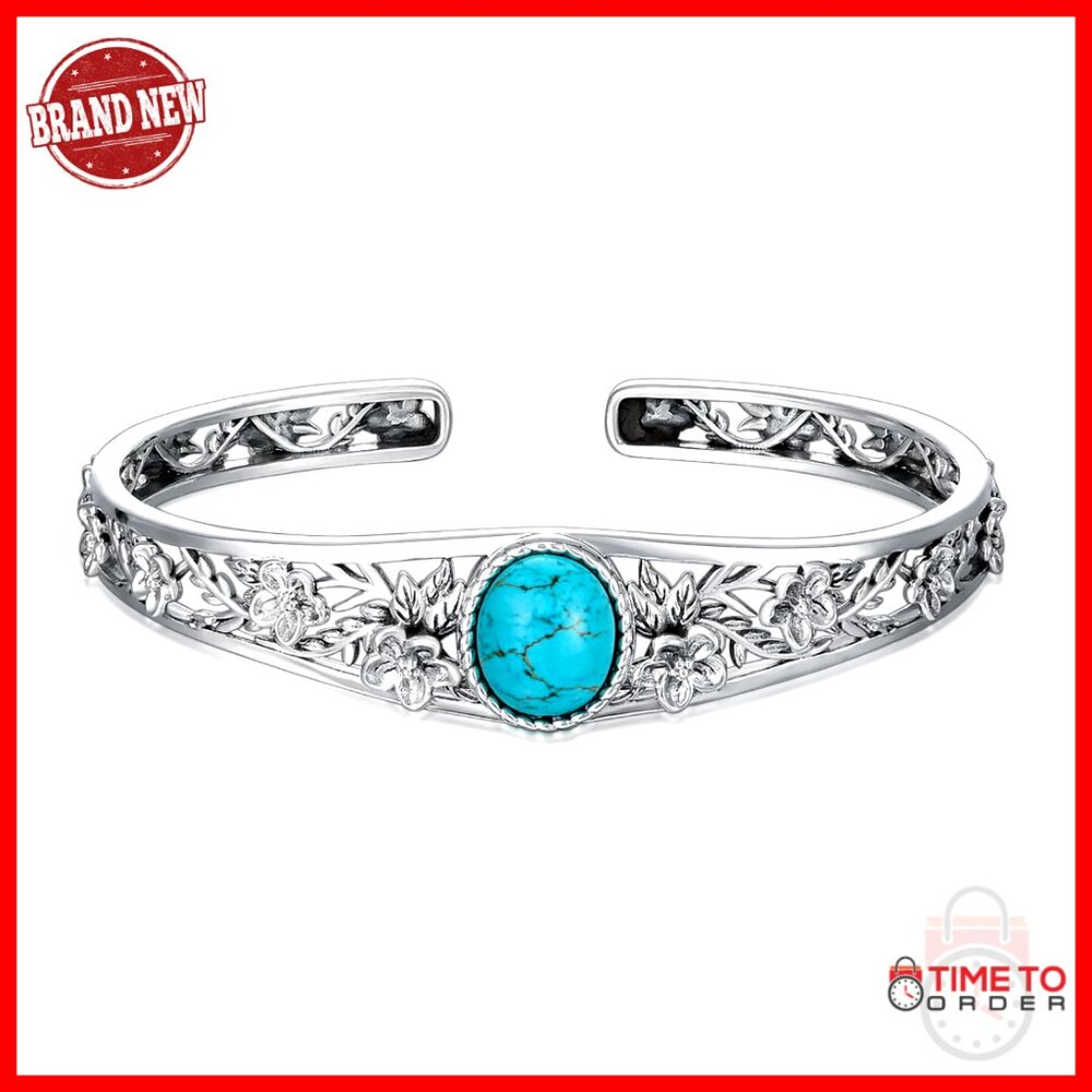 Sterling Silver Turquoise Cangle Vintage Western Floral Adjustable Fit Jewelry